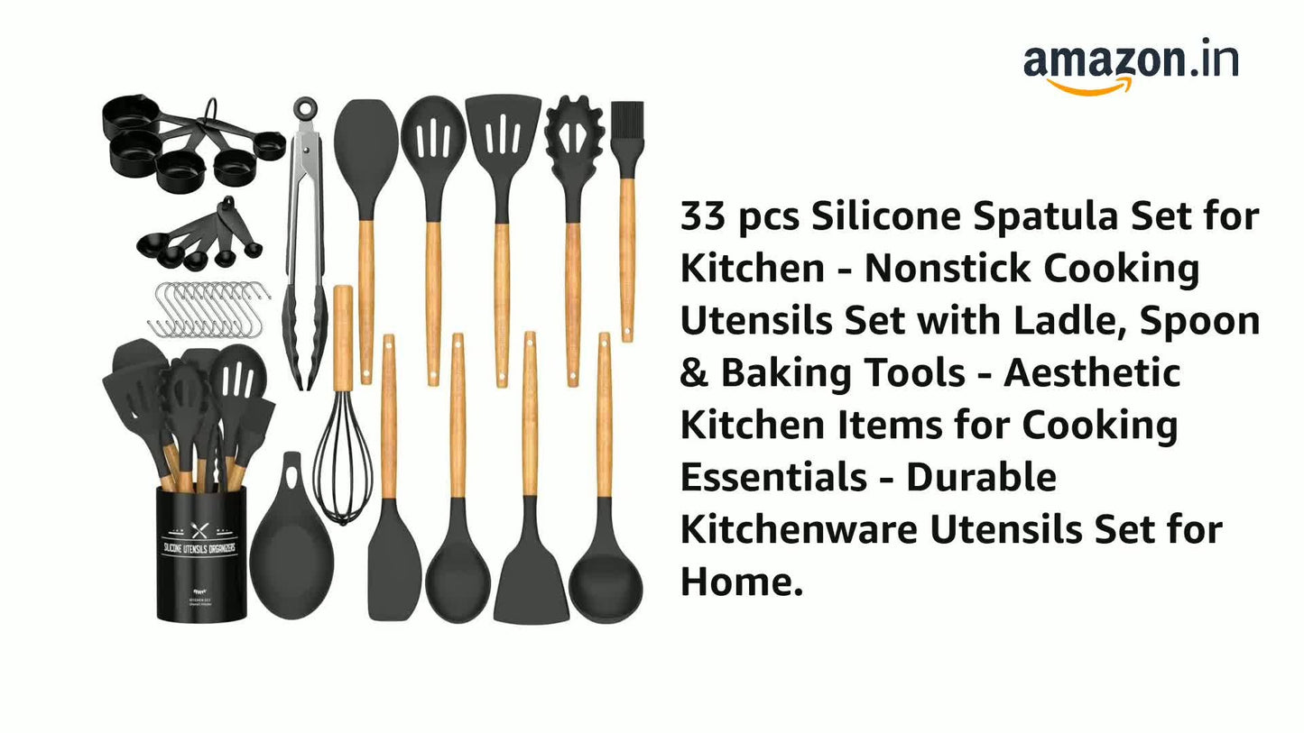 24-Piece Silicone Kitchen Utensils Set with Wooden Handles – Heat Resistant Nonstick Cooking Tools with Holder