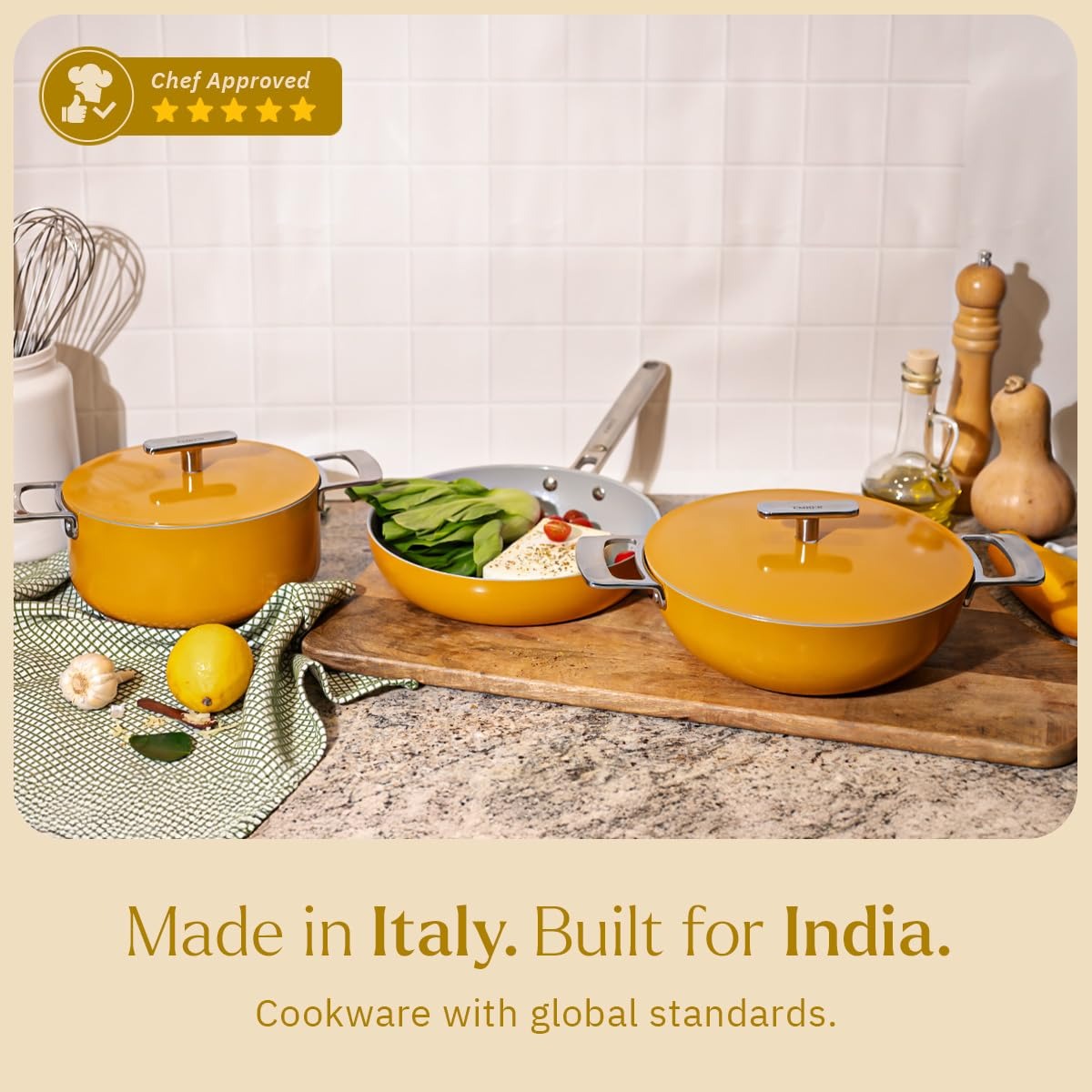 6-Piece Yellow Nonstick Cookware Set with Stainless Steel Handles – Induction Compatible Pots & Frying Pan Bundle