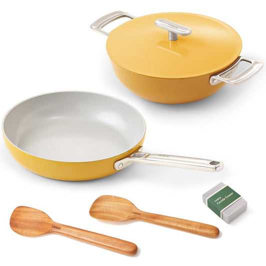 6-Piece Yellow Nonstick Cookware Set with Stainless Steel Handles – Induction Compatible Pots & Frying Pan Bundle