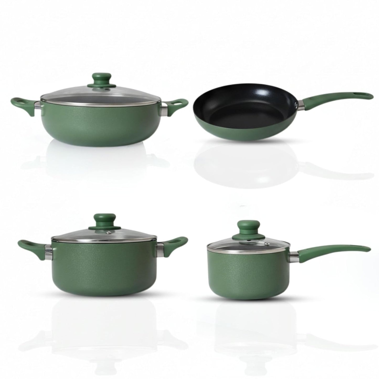 4-Piece Green Nonstick Cookware Set with Glass Lids – Induction Compatible Pots & Frying Pan Set