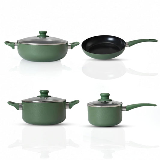 4-Piece Green Nonstick Cookware Set with Glass Lids – Induction Compatible Pots & Frying Pan Set