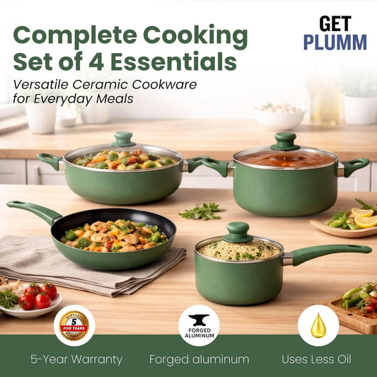 4-Piece Green Nonstick Cookware Set with Glass Lids – Induction Compatible Pots & Frying Pan Set