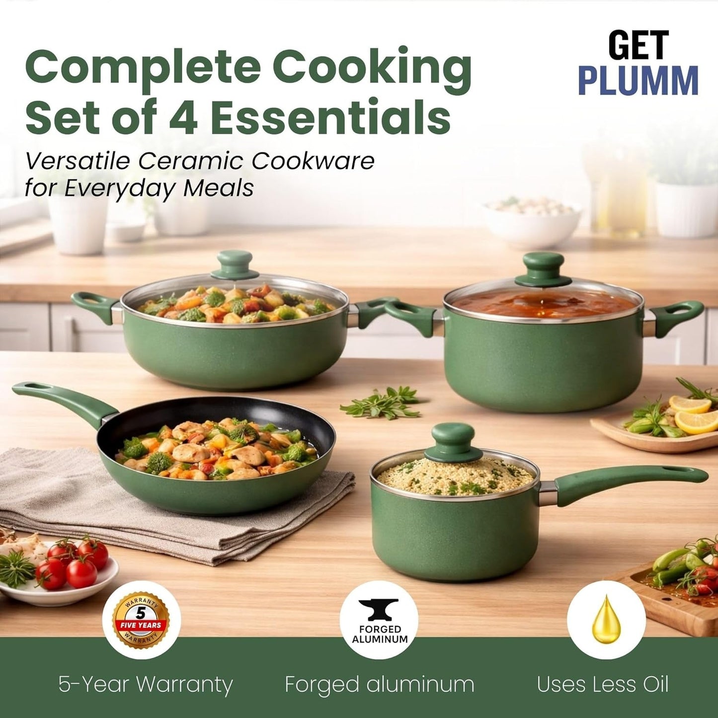 4-Piece Green Nonstick Cookware Set with Glass Lids – Induction Compatible Pots & Frying Pan Set