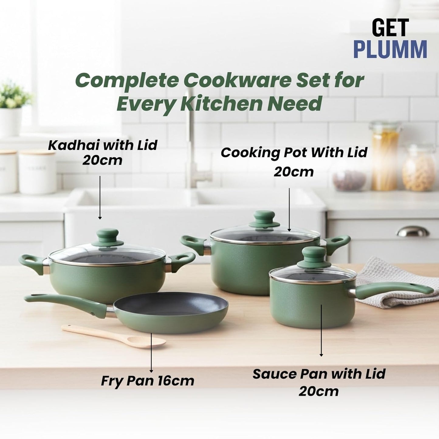 4-Piece Green Nonstick Cookware Set with Glass Lids – Induction Compatible Pots & Frying Pan Set