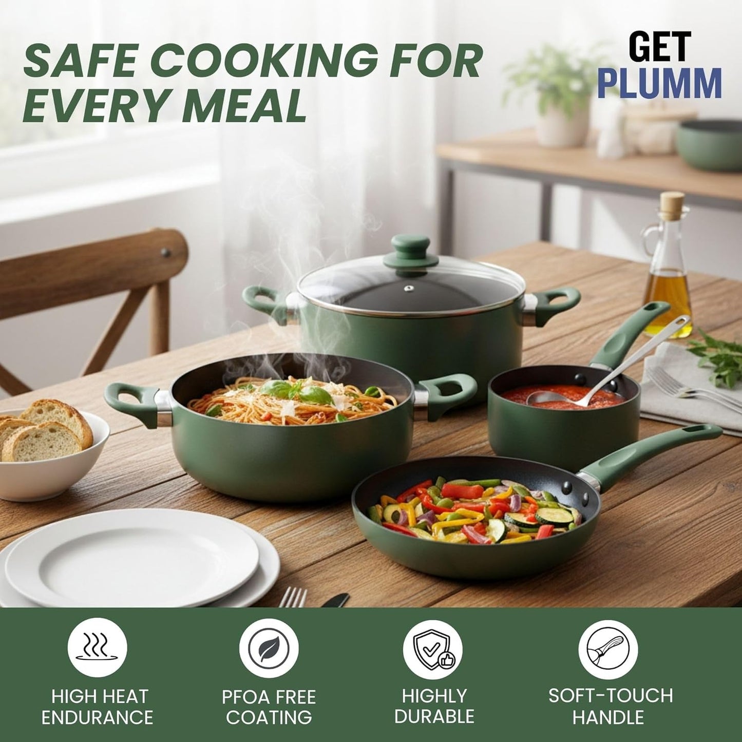 4-Piece Green Nonstick Cookware Set with Glass Lids – Induction Compatible Pots & Frying Pan Set