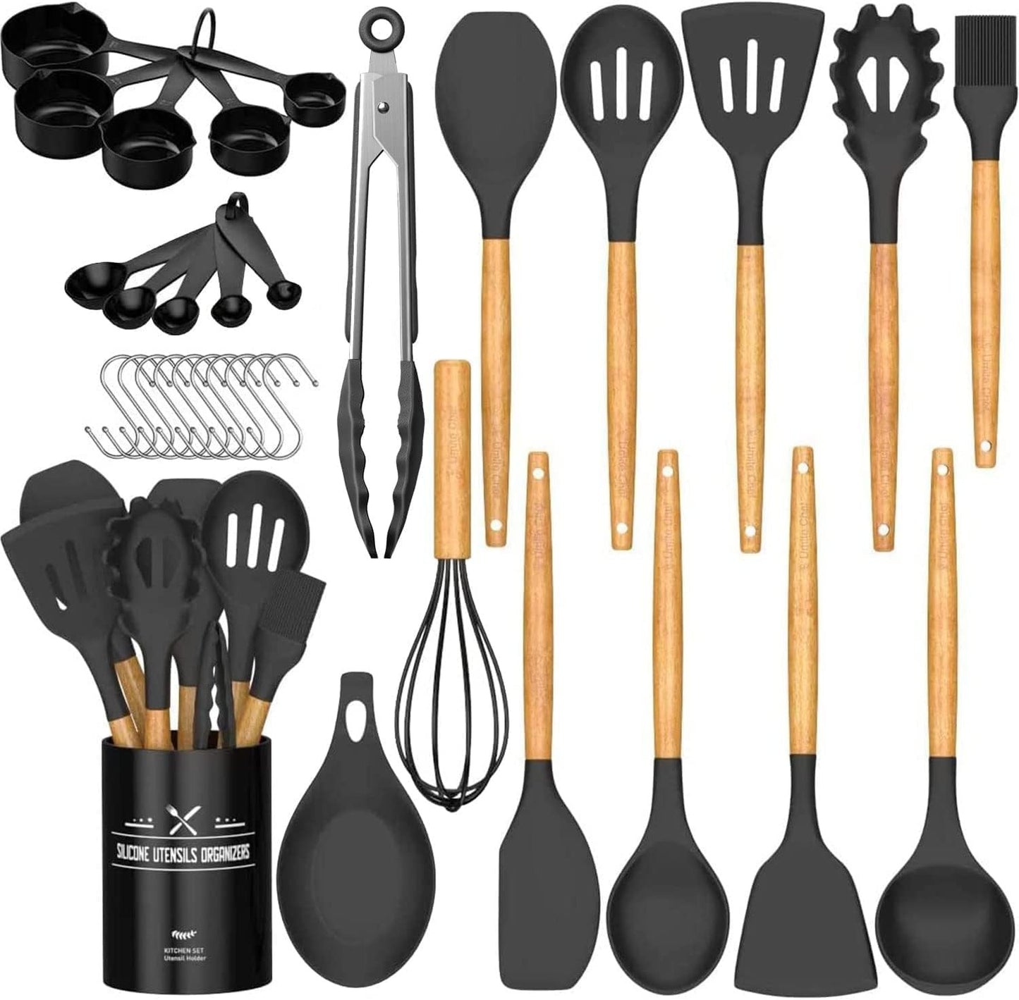 24-Piece Silicone Kitchen Utensils Set with Wooden Handles – Heat Resistant Nonstick Cooking Tools with Holder