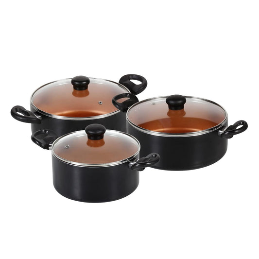 3-Piece Nonstick Cookware Set with Glass Lids – Copper Interior Pots with Stay-Cool Handles