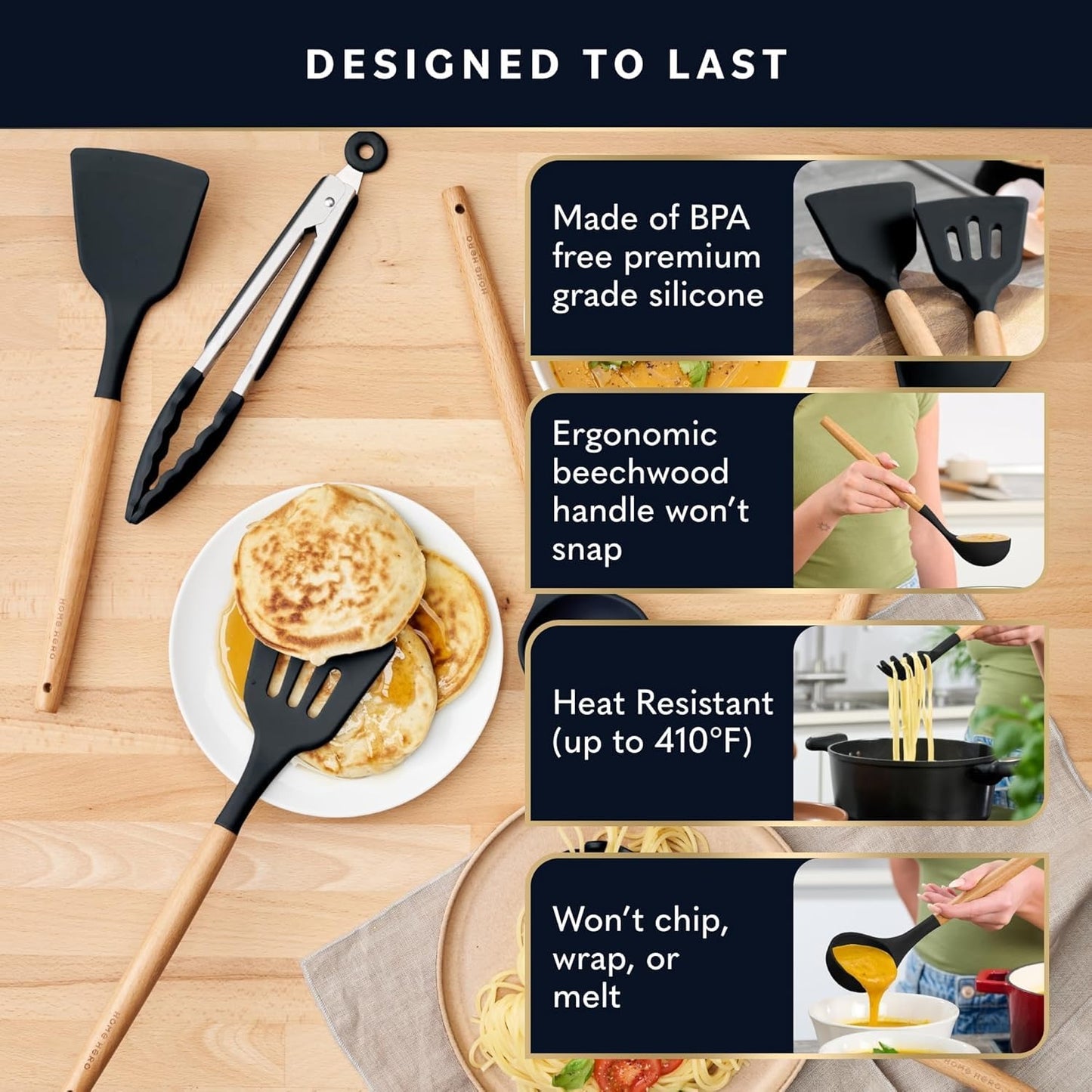 24-Piece Silicone Kitchen Utensils Set with Wooden Handles – Heat Resistant Nonstick Cooking Tools with Holder