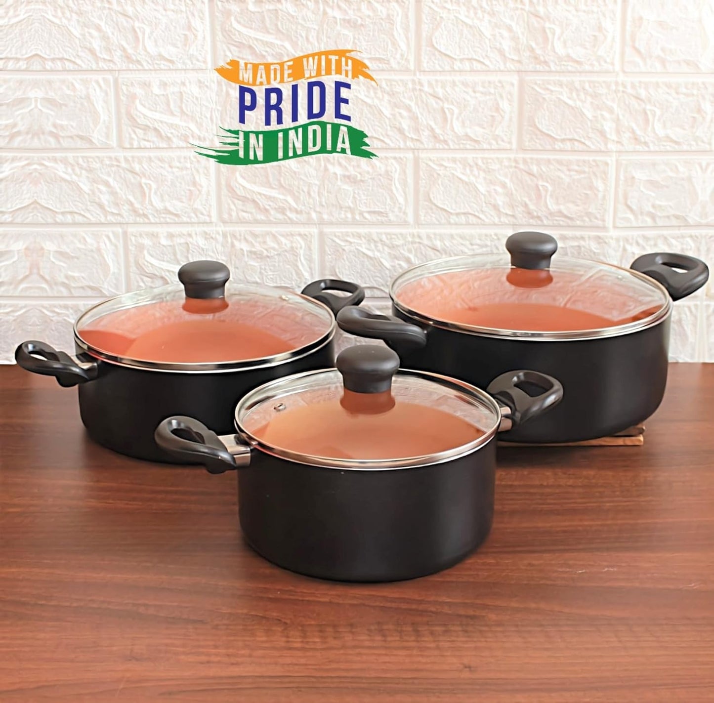 3-Piece Nonstick Cookware Set with Glass Lids – Copper Interior Pots with Stay-Cool Handles