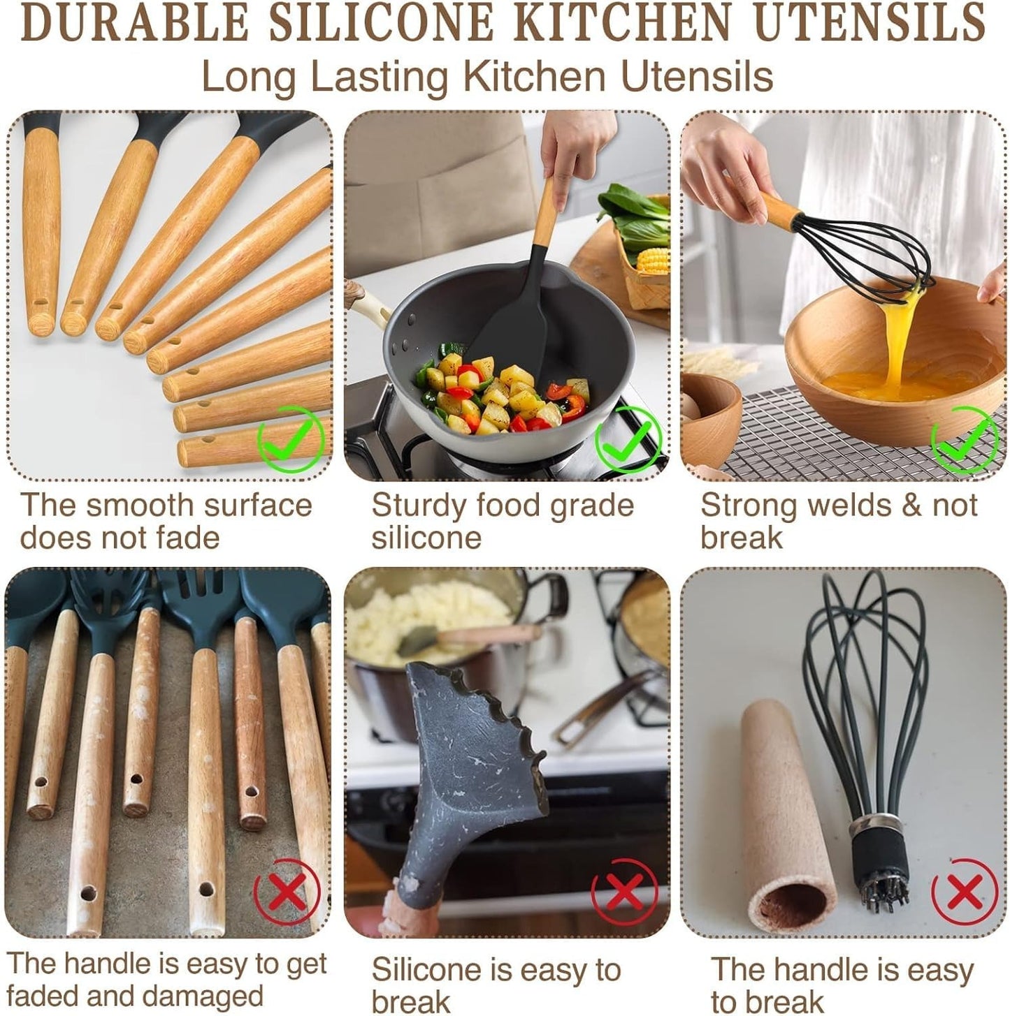 24-Piece Silicone Kitchen Utensils Set with Wooden Handles – Heat Resistant Nonstick Cooking Tools with Holder