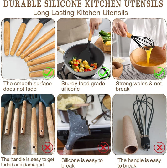 24-Piece Silicone Kitchen Utensils Set with Wooden Handles – Heat Resistant Nonstick Cooking Tools with Holder