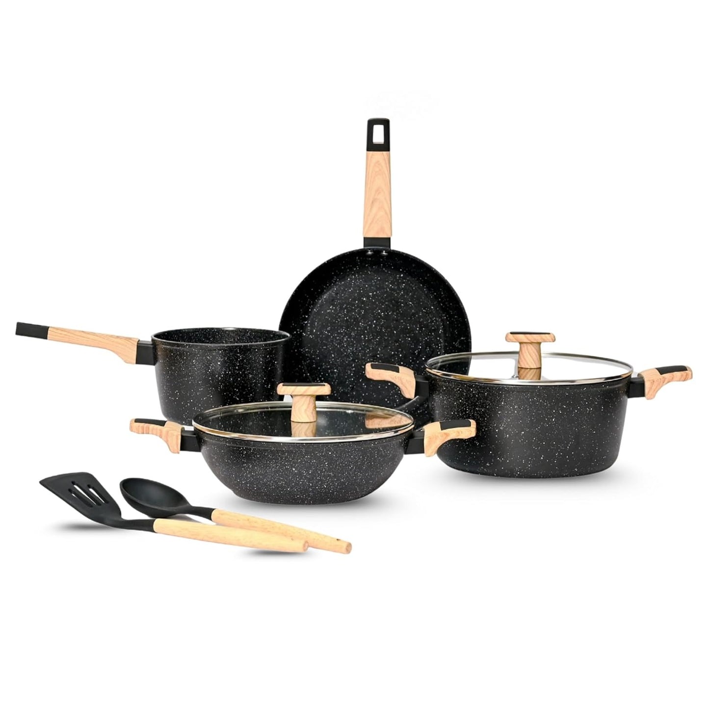 7-Piece Nonstick Granite Cookware Set with Glass Lids & Wooden Handles – Induction Compatible Pots and Pans Set