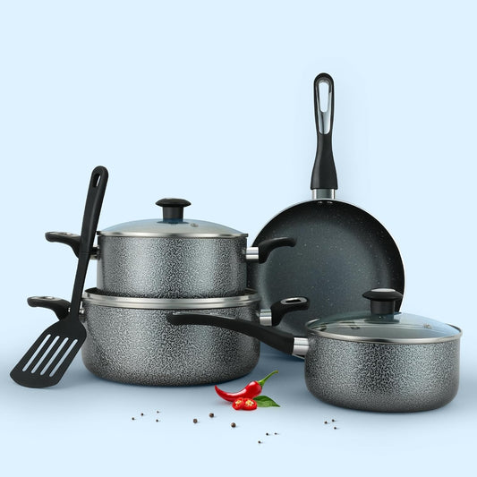 5-Piece Granite Nonstick Cookware Set with Glass Lids – Speckled Pots & Frying Pan with Utensil